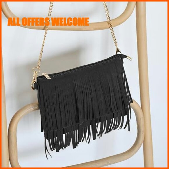 Fringe Crossbody Bag with Wristlet, Top Zip, Synthetic Faux Suede - Picture 3 of 8